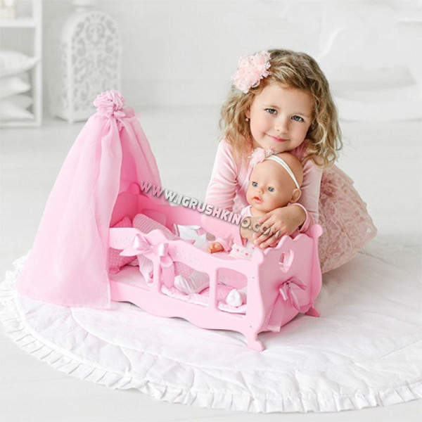 Кровать для кукол с балдахином и постельным бельем, розовая