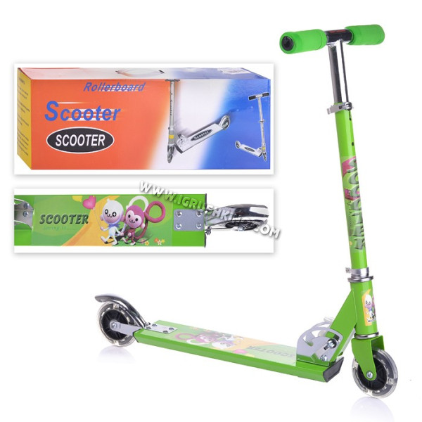 Самокат двухколесный SCOOTER светящиеся колеса (зеленый) в коробке